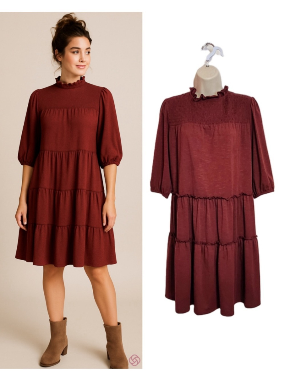 Emma & Michele Smocked Tiered Boho A-Line Burgundy Shift Mini Dress Large
